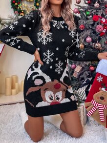 SHEIN LUNE Christmas Pattern Jumper Dress - Black - View 4