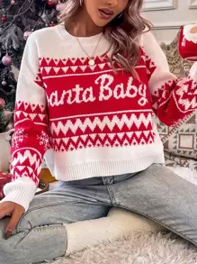 EMERY ROSE 聖誕圖案落肩袖套頭毛衣 - 紅白色 - 查看 5