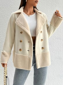 SHEIN PETITE 双排扣泰迪拼接大衣 - 杏色 - 查看 1