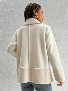 SHEIN PETITE 双排扣泰迪拼接大衣 - 杏色 - 查看 2