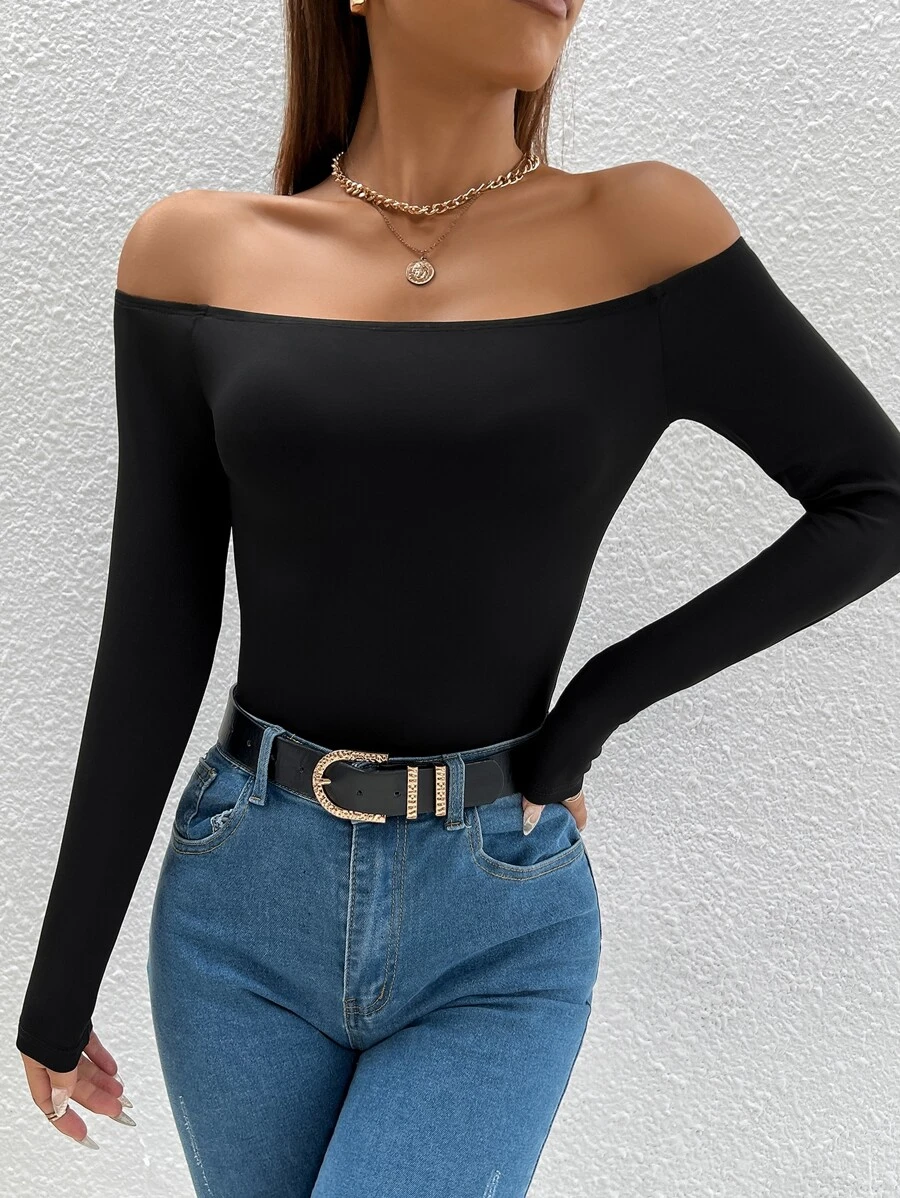 SHEIN PETITE Solid Off Shoulder Spring Women Tee - Black - View 1