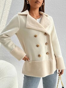 SHEIN PETITE 双排扣泰迪拼接大衣 - 杏色 - 查看 3