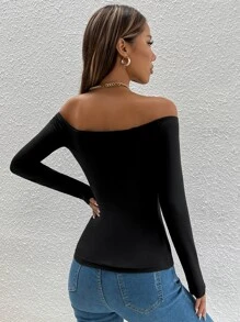 SHEIN PETITE Solid Off Shoulder Spring Women Tee - Black - View 2
