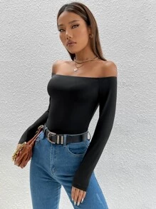 SHEIN PETITE Solid Off Shoulder Spring Women Tee - Black - View 3