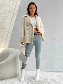 SHEIN PETITE 双排扣泰迪拼接大衣 - 杏色 - 查看 5