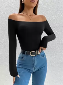 SHEIN PETITE Solid Off Shoulder Spring Women Tee - Black - View 4
