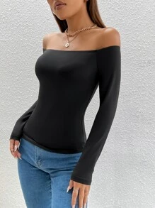 SHEIN PETITE Solid Off Shoulder Spring Women Tee - Black - View 5