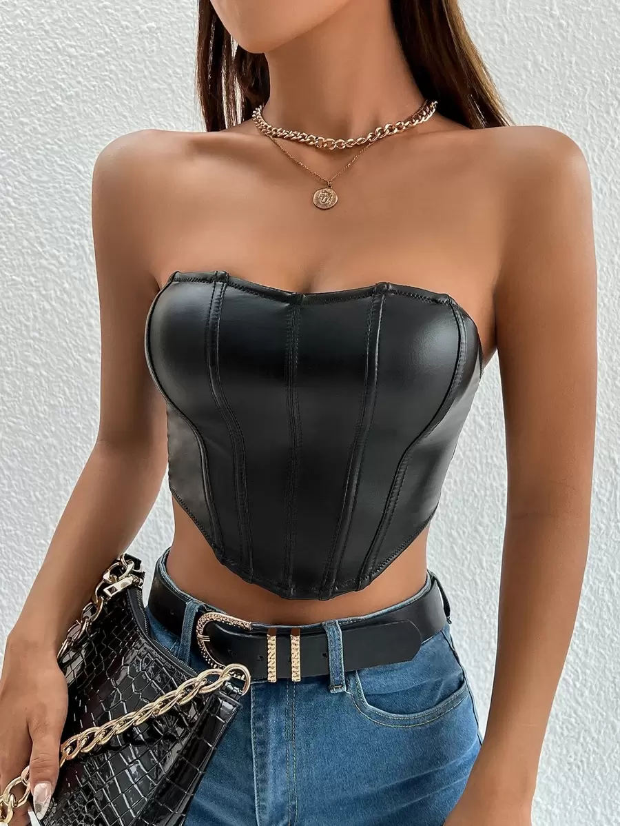 SHEIN PETITE Asymmetrical Hem Tube  Women Crop Top - Black - View 1