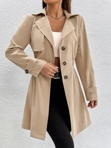SHEIN PETITE Single Breasted Elastic Waist Trench Coat - Khaki - View 1