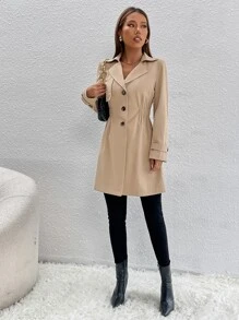 SHEIN PETITE Single Breasted Elastic Waist Trench Coat - Khaki - View 5
