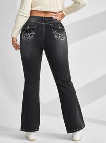 SHEIN EZwear Plus Graphic Print Flap Pocket Flare Leg Jeans - Black - View 1