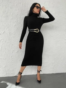 EURMUSE Turtle Neck Ribbed Knit Jumper Dress - Black - View 3