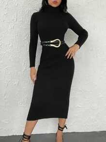 EURMUSE Turtle Neck Ribbed Knit Jumper Dress - Black - View 4