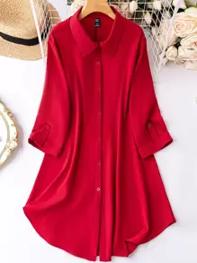 SHEIN LUNE 大碼捲邊袖襯衫連衣裙 - 酒紅色 - 查看 1