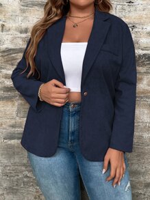 SHEIN LUNE Plus Single Button Blazer - Navy Blue - View 4
