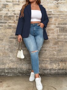 SHEIN LUNE Plus Single Button Blazer - Navy Blue - View 5