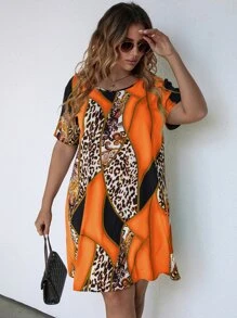 Plus Leopard Colourblock Tunic Dress - Orange - View 1