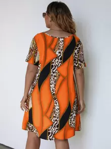 Plus Leopard Colourblock Tunic Dress - Orange - View 2