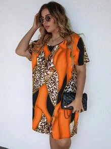 Plus Leopard Colourblock Tunic Dress - Orange - View 6