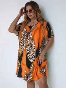 Plus Leopard Colourblock Tunic Dress - Orange - View 7
