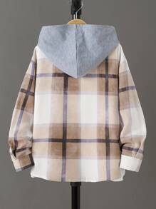 SHEIN 男孩格紋印花連帽襯衫不帶T恤