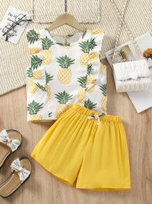 SHEIN Toddler Girls Pineapple Ruffle Trim Top With Shorts - Multicolor - View 1