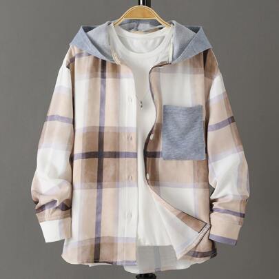 Boys Plaid Print Hooded Shirt Without Tee