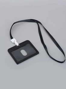 1pc Plain Card Cover With Lanyard - Black - View 1