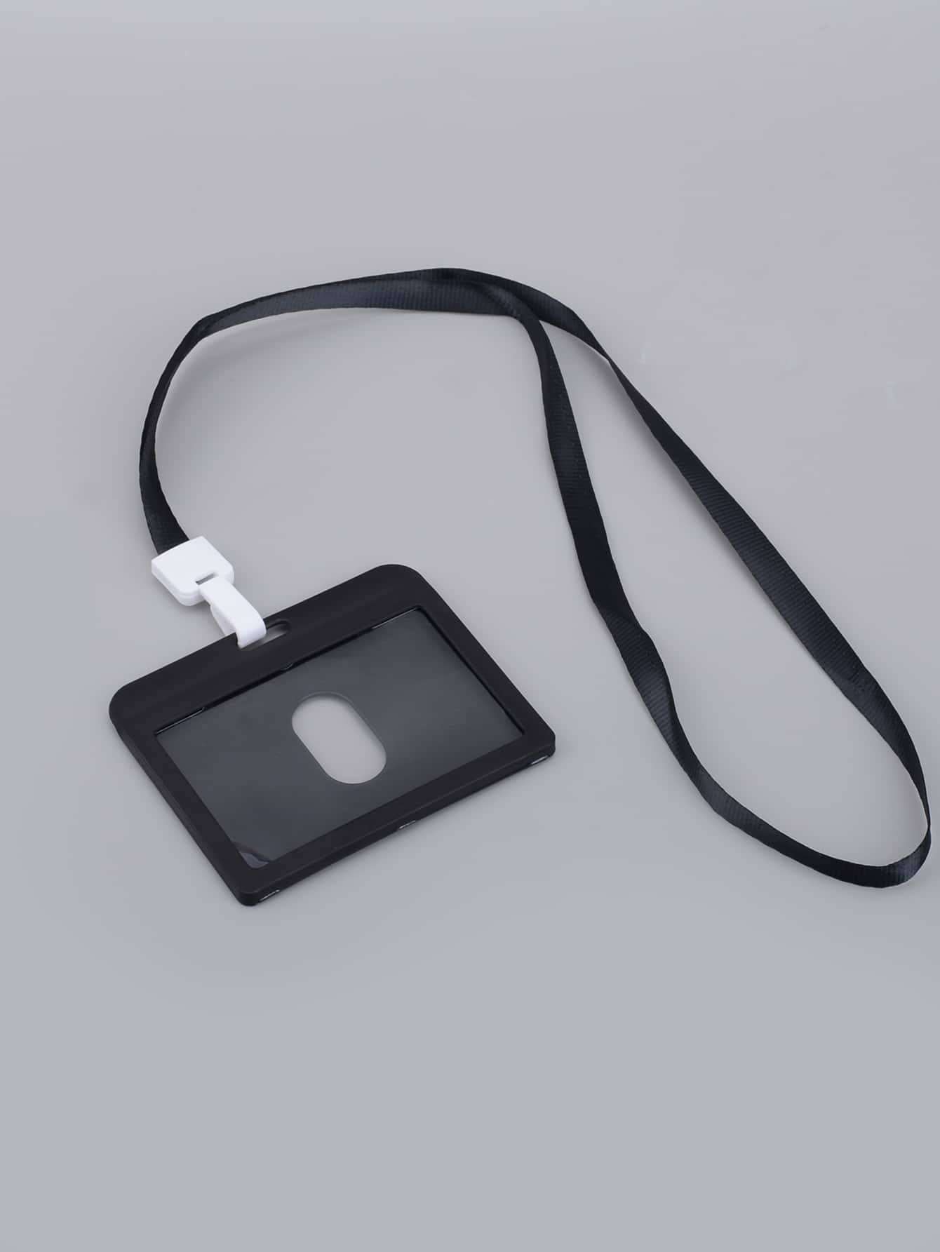 1pc Plain Card Cover With Lanyard - Black - View 1