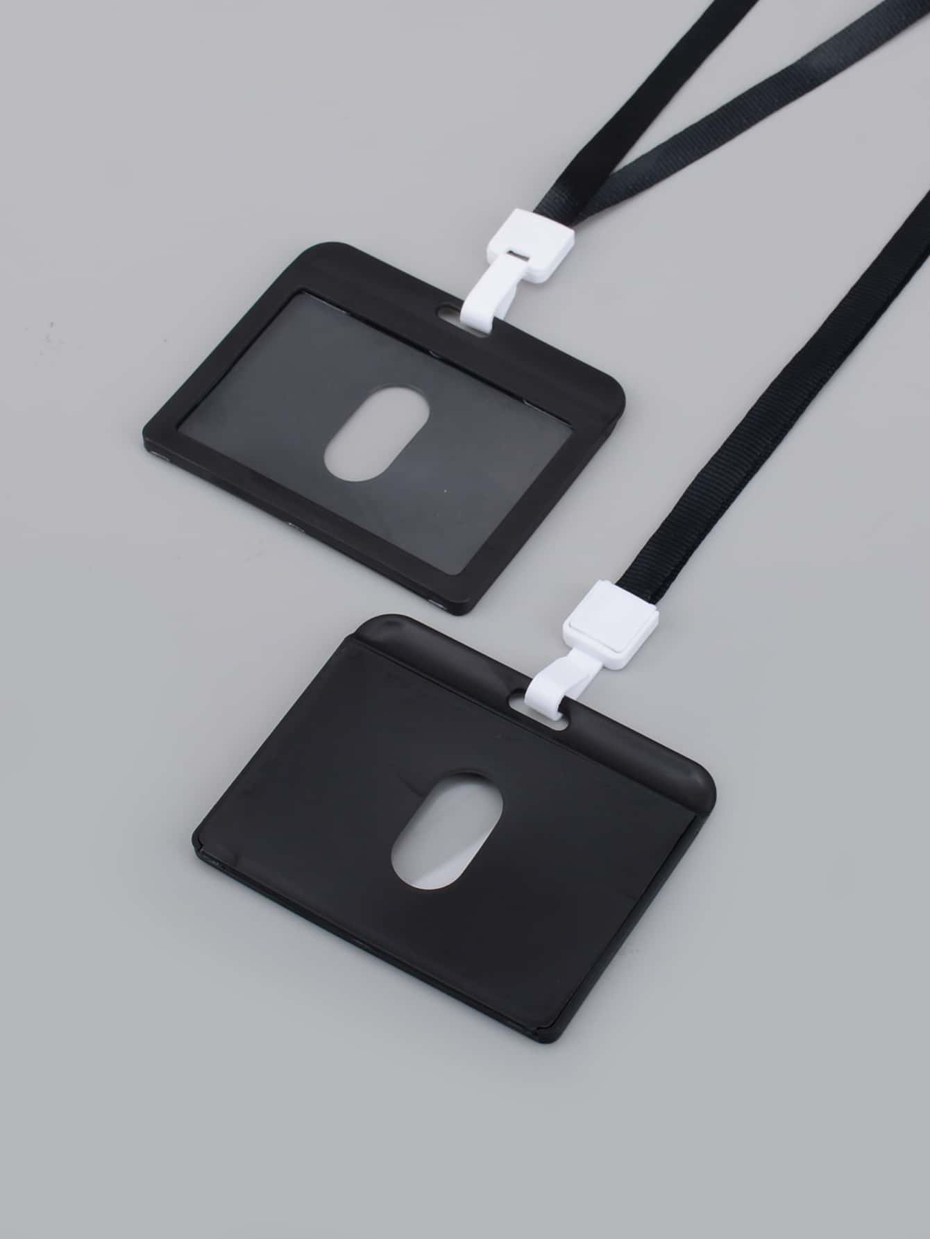 1pc Plain Card Cover With Lanyard - Black - View 2