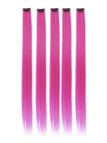 5pcs Set Colorful Clip In Synthetic Hair Extension Long Straight  For Women Girls With Cosplay - Hot Pink - View 3