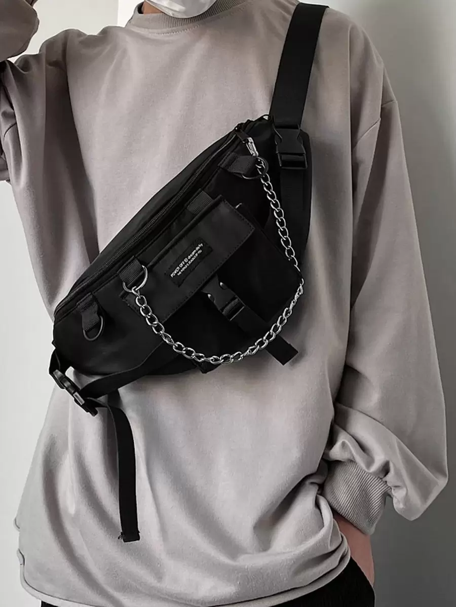 2026 New Year Men's Letter Chain Chest Bag, Casual Solid Color Zipper Chain Decor Waist Bag, Unisex Portable Crossbody Chest Bag For Work, Sports, Shopping, Travel, Also Suitable As Holiday Gift For Young People, Students, Men And Women, Valentine's Day Gift Phone Bag - Black - View 1