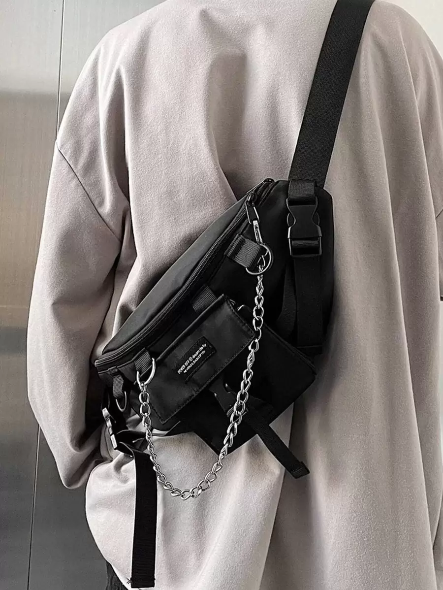 Men Chain Decor Fanny Pack Sling Purse Waist Bag Crossbody Bag Side Bag College Bag Summer Dad Freshman For Books Multi-Functional Dorm University School Bag Commute High School Practical Gifts Fall Christmas Scream Men Bag Belt Bag Travel Bag Sling Bag Winter Christmas Gifts Bum Bag Thanksgiving Holiday Storage Bag Messenger Bag Shoulder Bag Rider Bag - 黑色 - 查看 1
