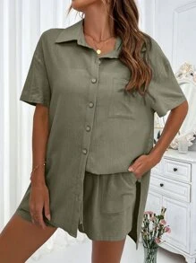 SHEIN LUNE 補丁貼口袋落肩袖襯衫和前打結短褲 - 軍綠色 - 查看 7