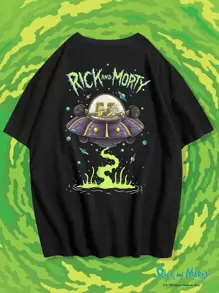 ROMWE MEN Rick and Morty | ROMWE 男士卡通圖案T恤 - 黑色 - 查看 1