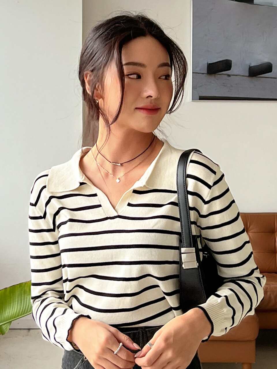 Striped Pattern Ribbed Knit Sweater,Long Sleeve Tops,Fall Clothes