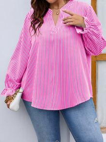 SHEIN LUNE Plus Striped Notched Neck Flounce Sleeve Blouse - Hot Pink - View 1
