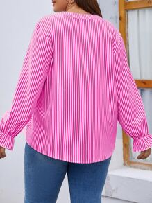 SHEIN LUNE Plus Striped Notched Neck Flounce Sleeve Blouse - Hot Pink - View 2