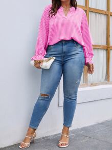 SHEIN LUNE Plus Striped Notched Neck Flounce Sleeve Blouse - Hot Pink - View 3