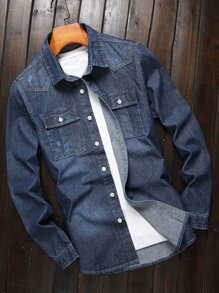Manfinity Homme Men Cotton Flap Pocket Denim Shirt Without Top - Dark Wash - View 1