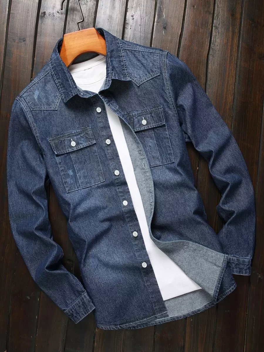 Manfinity Homme Men Cotton Flap Pocket Denim Shirt Without Top - Dark Wash - View 1