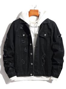 Manfinity Men Ripped Frayed Denim Jacket Without Hoodie - Black - View 1