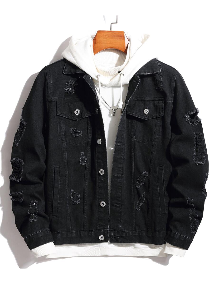 Manfinity Men Ripped Frayed Denim Jacket Without Hoodie - Black - View 1