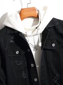 Manfinity Men Ripped Frayed Denim Jacket Without Hoodie - Black - View 4