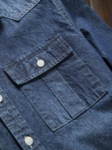 Manfinity Homme Men Cotton Flap Pocket Denim Shirt Without Top - Dark Wash - View 8