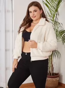 Eilly Bazar Plus Solid Zip Up Teddy Jacket - Beige - View 1