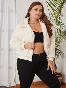 Eilly Bazar Plus Solid Zip Up Teddy Jacket - Beige - View 5