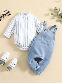 SHEIN Baby Boy Striped Bodysuit & Overall Jumpsuit - Blue and White - View 1