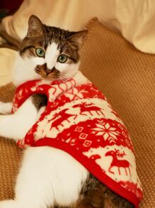 Christmas 1pc Elk Print Pet Tank - Red and White - View 1