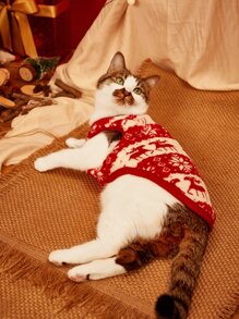 Christmas 1pc Elk Print Pet Tank - Red and White - View 3